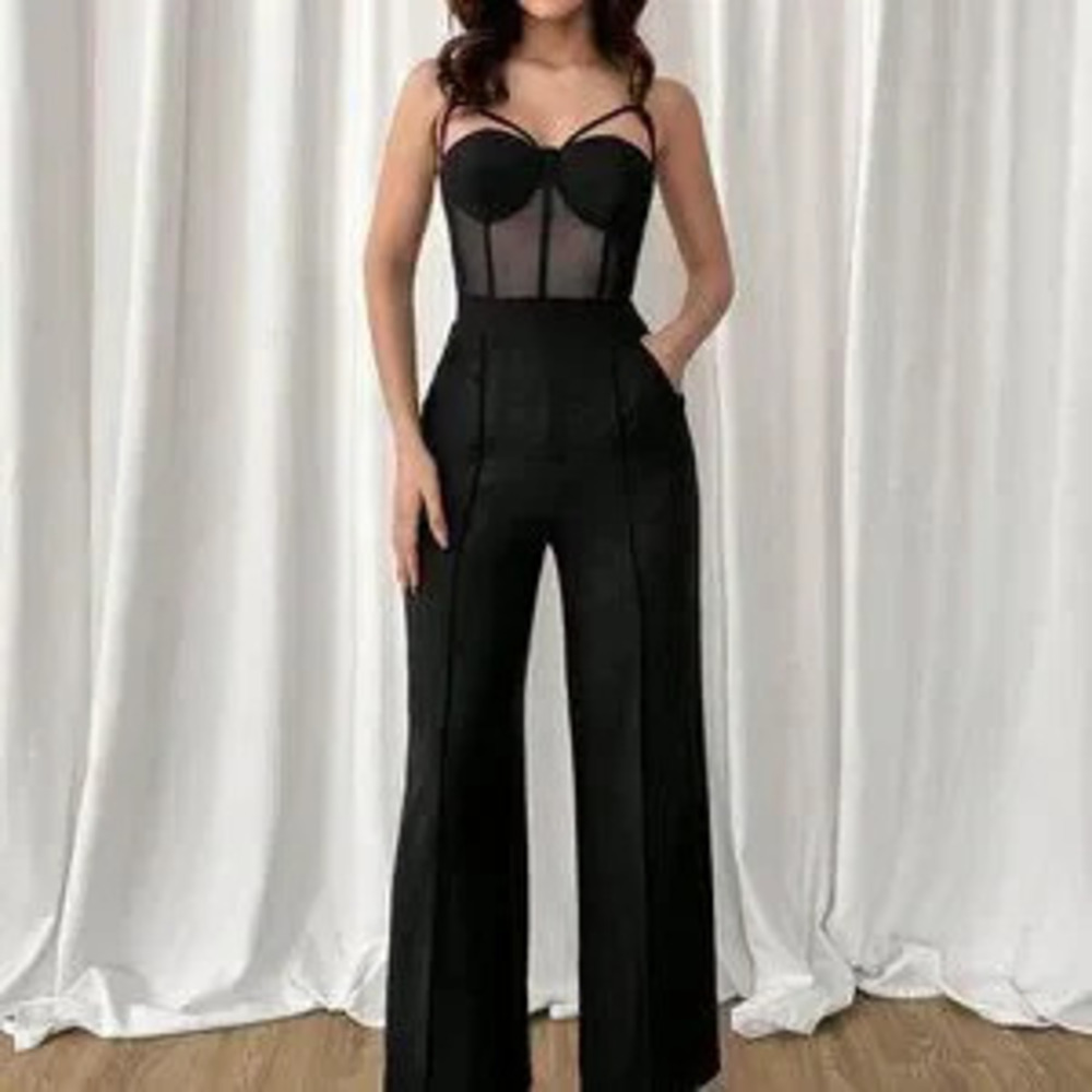Black Elegant Women's Splicing Mesh Corset Spaghetti Strap Jumpsuit